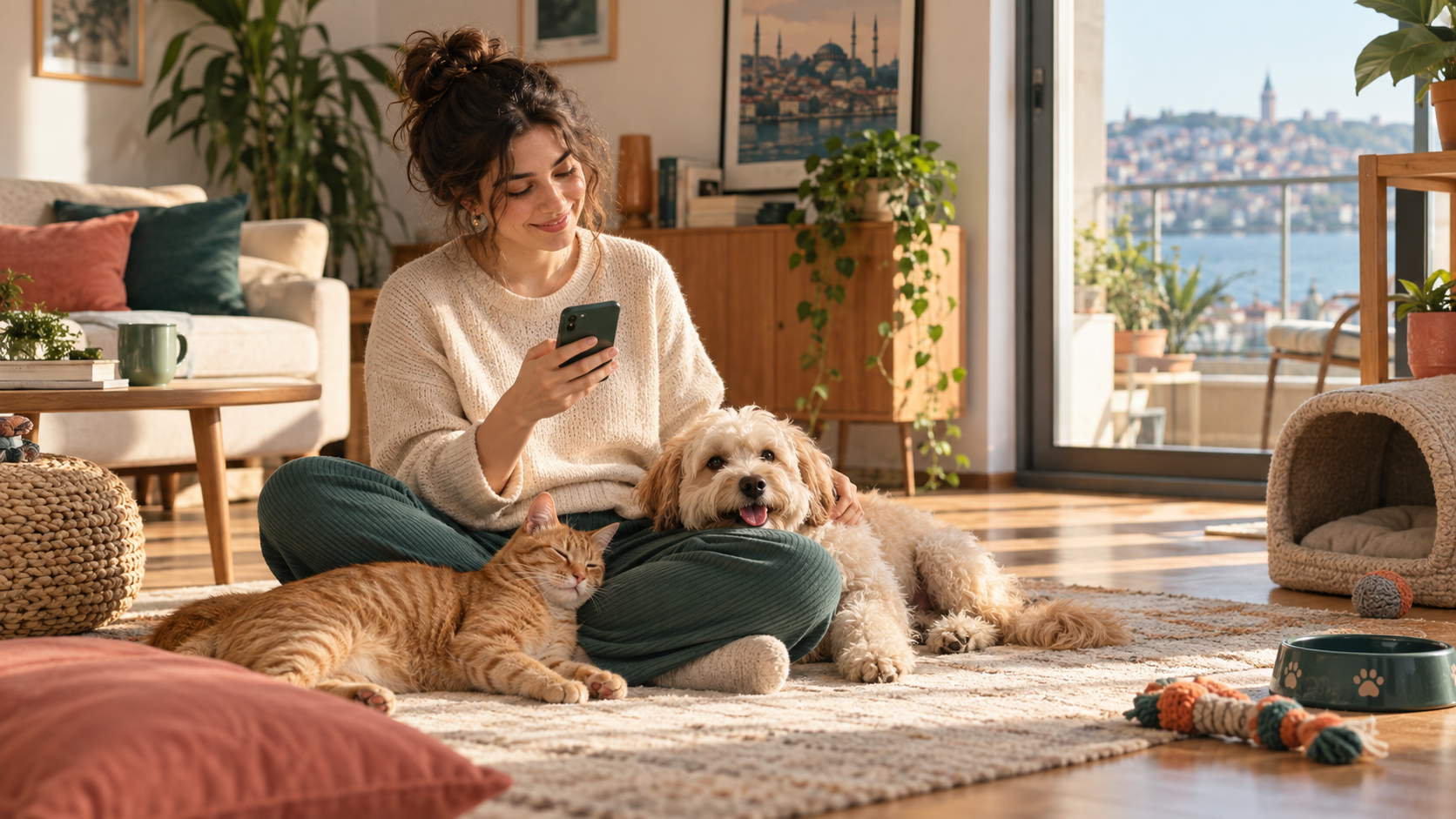 Evinde kedisi ve köpeğiyle Pawsy kullanan bir pet ebeveyni